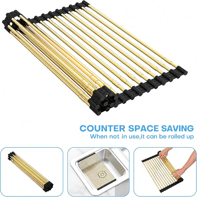 Expandable Roll Up Dish Drying Rack, Adjustable Large Over The Sink Rack Draining Rack (Max Extends to 21.26”) for Stainless Steel Sink Rack, Collapsible Rolling Up Rack 18 Tube for Kitchen, Gold - Image 4