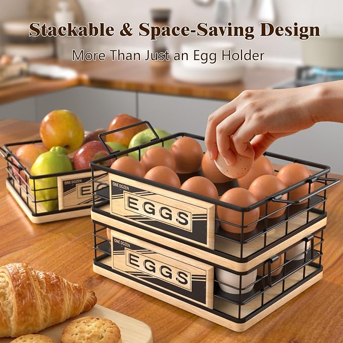 Farmhouse Egg Holder Countertop, Oak Wood & Metal Egg Basket with Handles | Stackable Rustic Egg Tray Organizer for Kitchen Counter, Holds 12 Eggs, Removable Divider for Fresh Egg Storage, Natural - Image 4