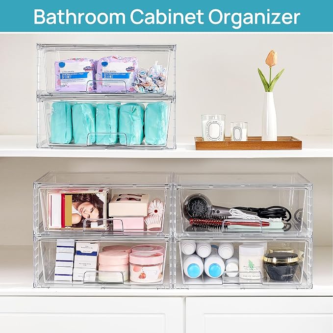 Vtopmart 8 Pack Large Clear Stackable Storage Drawers for Closet, Pantry | Easily Assemble Bathroom Closet Undersink Organizers,Plastic Bins for Cabinet,Kitchen Pantry,Medicine Organization - Image 4