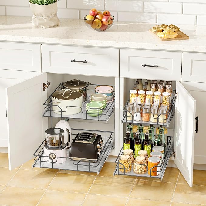 2-Tier Pull Out Cabinet Organizer (17" W x 22" D) | Soft Close Cabinet Slide Out Shelves, Heavy Duty Slide Out Drawers with Shelf Liner for Kitchen Cabinets, Pantry, Bathroom - Image 2