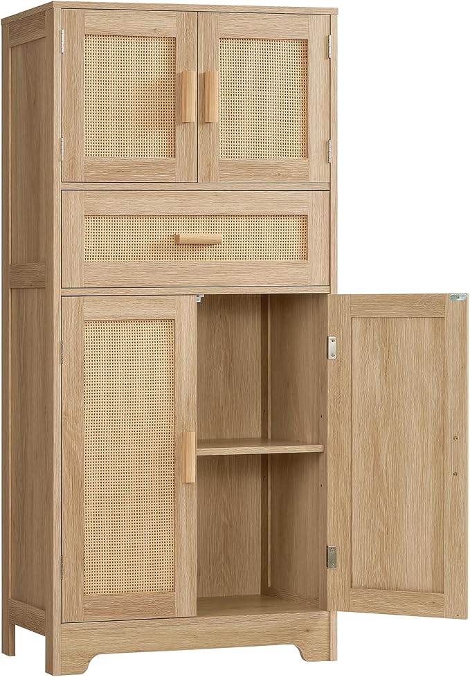 47.2" H Tall Storage Cabinet with Adjustable Shelf, Rattan Cabinet, Cupboard for Living Room, Dining Room, Entryway, Home Office, Natural by TEENFON