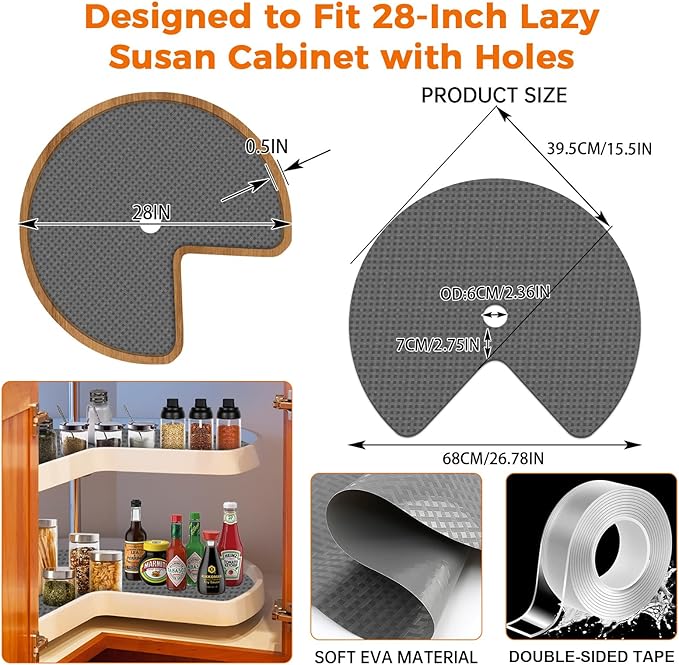 2 Pack 26In Lazy Susan Shelf Liner, Upgraded Composite Materials Circle Lazy Susan Liner for Kitchen Cabinets, Non Adhesive Liners Mats for Shelf Drawer Refrigerator Cupboard, Gray - Image 2