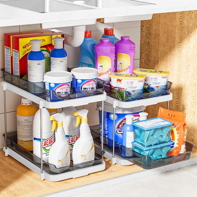 Delamu 2-Tier Multi-Purpose Bathroom Under Sink Organizers and Storage, Stackable Kitchen Pantry Organization, Pull Out Medicine Cabinet Organizer with Movable Dividers, Black, 2 Pack - Image 7