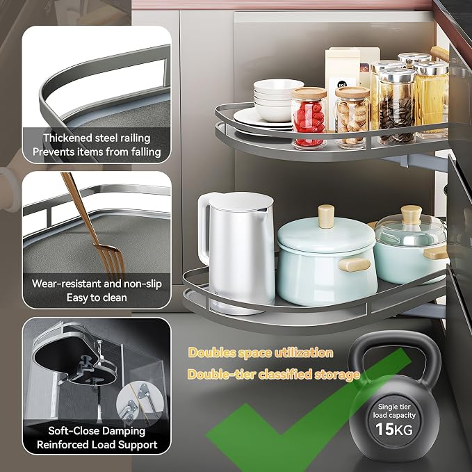 Blind Corner Cabinet Pull Out Organizer, 2-Tier Shelf, Adjustable Height | Fits 16" Cabinet Openings, Right Swing for Left Hinges, Adjustable Height Design, Blind Corner Cabinet for Kitchen Storage - Image 6