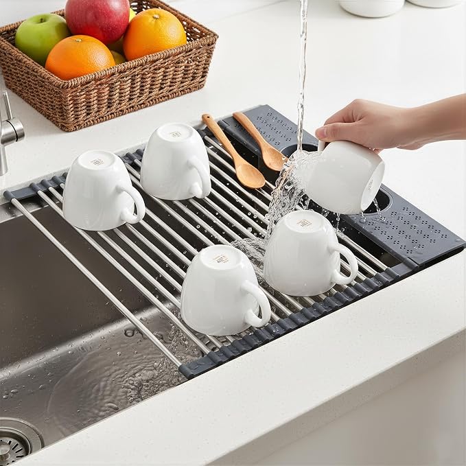 Roll Up Dish Drying Rack Over Sink, 17.5" x 15.2" Foldable SUS304 Stainless Steel Kitchen Dish Drainer, Heat-Resistant Multipurpose Rolling Sink Rack Organizer,Grey - Image 3