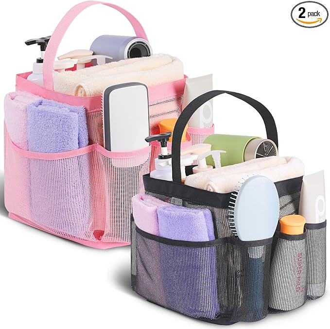 EUDELE 2 Pack Mesh Shower Caddy Portable for College Dorm Room Essentials, Shower Caddy Dorm with 9-Pocket Large Capacity,Shower Bag for Beach,Swimming,Gym All Black+All Purple by EUDELE