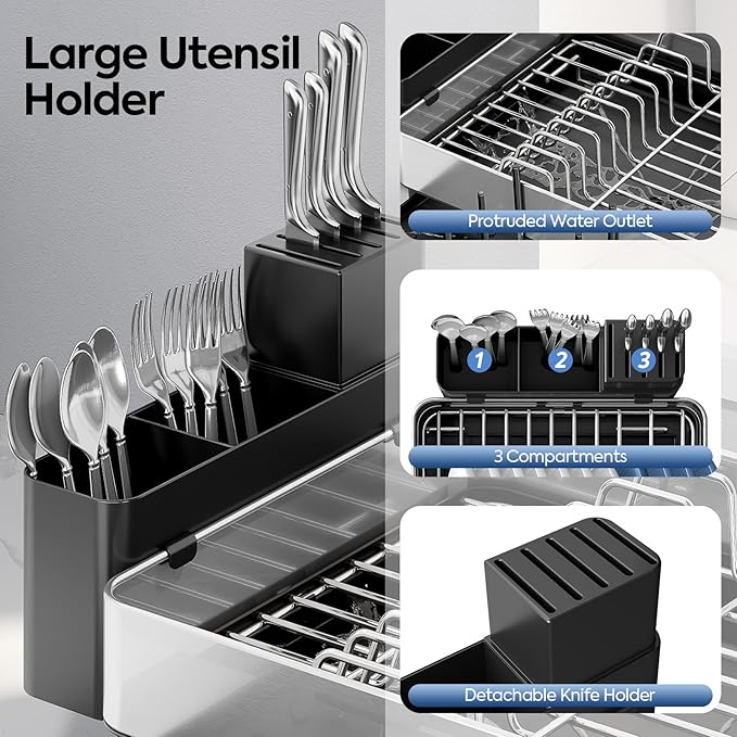 Urackify Expandable Dish Drying Rack, Stainless Steel, Large Capacity | Multifunctional Drainboard for Kitchen Countertop, Removable Cutlery Tray, Foldable Cup Holder, 20.4"L x 20"W, Silver - Image 4