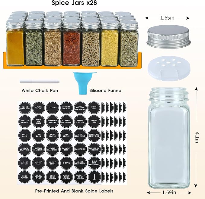 Skiileor Spice Rack Organizer with 28 Spice Jars,Spice Labels and Funnel | 5-Tiers Metal Seasoning Organizer, Kitchen Spice Organization for Cabinet, Countertop, Pantry, Cupboard Door or Wall Mount - Image 3