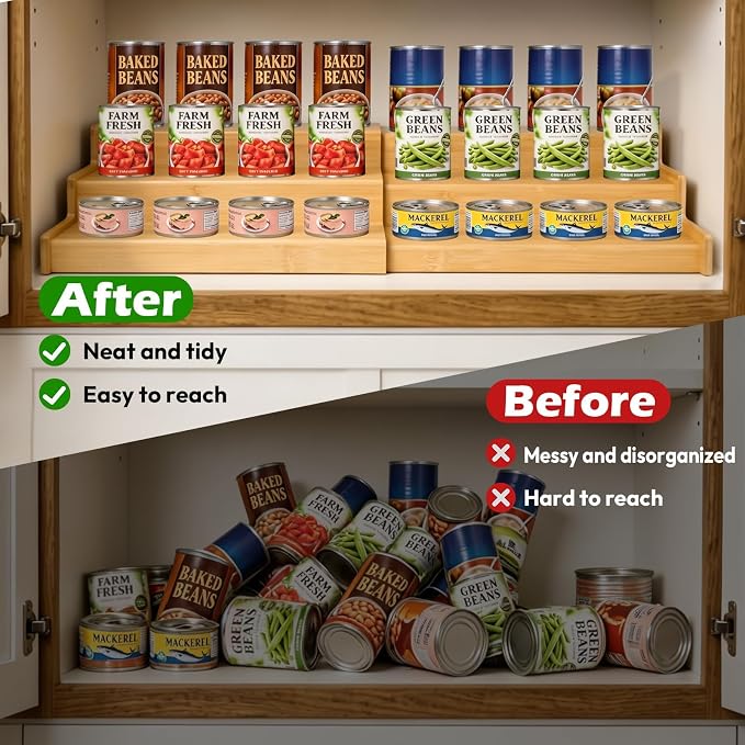 Artcochan 3 Tier Expandable Bamboo Can Rack Organizer for Pantry，Adjustable Pantry Organizers Holds Up to 24 Soda Cans,Canned Food Storage for Kitchen Cabinet Countertop - Image 3