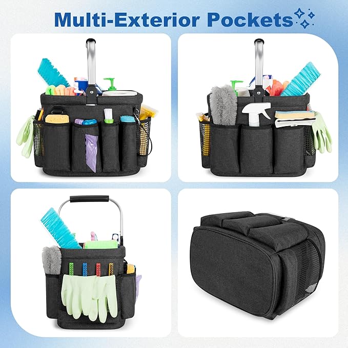 PGmoon Cleaning Caddy Organizer with Handle,Black | Cleaning Tote Bag with Multiple Pockets for Cleaning Supplies, Products Storage, Housekeepers, Kitchen Cleaning Supplies - Image 3