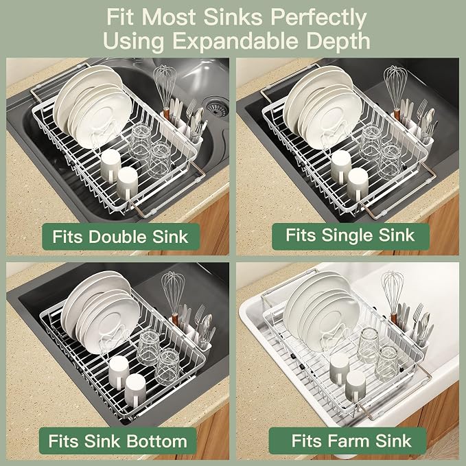 White Dish Drying Rack Over The Sink with Utensil Holder | Expandable Stainless Steel Dish Drainer for Small Kitchen, Apartment, RV, Counter Space Saving, Perfect Fit, Rustproof - Image 4