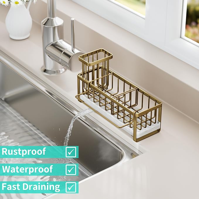 HapiRm Sponge Holder for Kitchen Sink - Self-draining Sink Caddy with Brush and Dishcloth Holders, Stainless Steel Kitchen Countertop Organizers and Storage Essentials - Dark Gold - Image 5