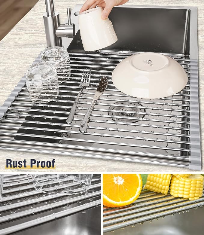 Tomorotec Roll Up Dish Drying Rack Over Sink, 304 Steel, 21x15.5, Grey | Anti-Slip Silicone Rims For Grip, Heat-Resistant Trivet Mat Holding Heavy Cookware, Rustproof Kitchen Counter Space Saver - Image 2