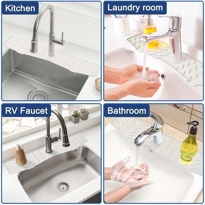 Faucet Mat for Kitchen Sink – 24” x 5.1” Extra-Long Silicone Splash Guard with 10° Slope & Upgraded Drainage – Gen 3 Sink Water Catcher & Sponge Holder for Kitchen, Bathroom (White) - Image 7
