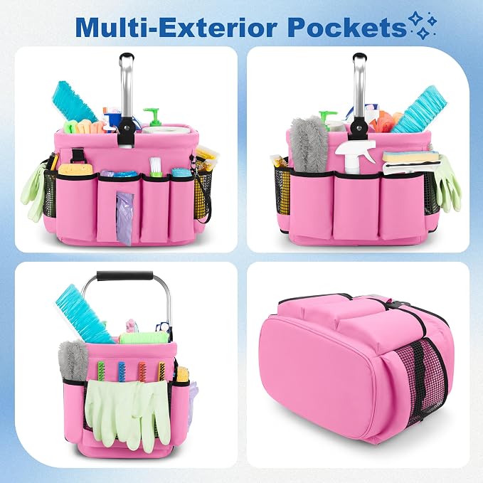 PGmoon Cleaning Caddy Organizer with Handle,Pink | Cleaning Tote Bag with Multiple Pockets for Cleaning Supplies, Products Storage, Housekeepers, Kitchen Cleaning Supplies - Image 4