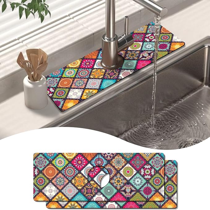 2 Pack 2 Pack Kitchen Sink Splash Guard Faucet Mat 15" X 5.5" Mandala Absorbent Fast Drying Mat Faucet Draining Mat Sink Splash Guard Behind Faucet Drip Catcher for Kitchen Bathroom by Unknown