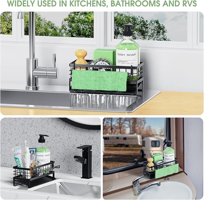 Self-Draining Kitchen Sink Caddy, Rustproof Non-Slip Metal Sponge Holder with Detachable Dish Cloth Holder (Black) - Image 8