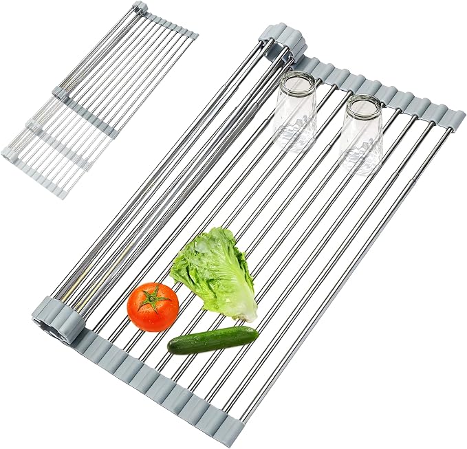 Expandable Roll-UP Dish Drying Rack-Large 304 Stainless Steel Dish Drainer Over The Sink for Kitchen Countertop,Extendable & Rollable & Food Grade (Silver,22.08'x 13.2') by HAYAWEY