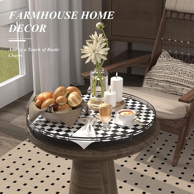 AMH18-Inch Black and White Checkerboard Lazy Susan Decorative Tray | Smooth rotating oak tray with walnut finish for dining tables, kitchen counters, pantries and cabinet storage. - Image 4