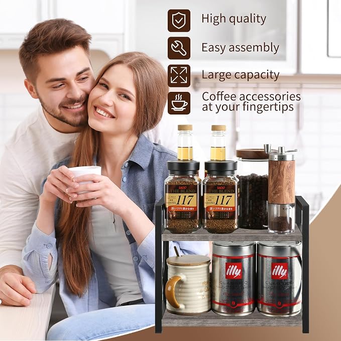 YINMIT Kitchen Countertop Organizer,Spice Rack,Coffee Bar Shelf Organizer | 2-Tier Coffee Station,Seasoning Storage,Syrup,Mug Cup,Bottle Holder,Bathroom Vanity,Pantry,Bedroom and Office,Grey,Small - Image 7