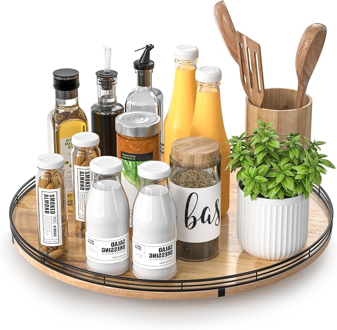 AMH 16-Inch Farmhouse Oak Lazy Susan Organizer for Table and Cabinet | Smooth rotating oak tray with walnut finish for dining tables, kitchen counters, pantries and cabinet storage. by AMH
