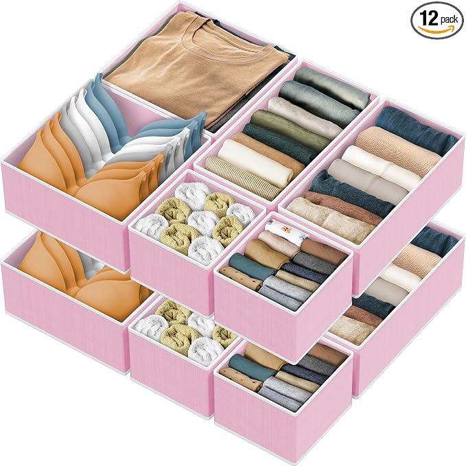 Simple Houseware Foldable Drawer Organizer Stocking Bin, Set of 12, Pink | Fabric Storage Bins for Clothes, Underwear, Bra, Panty, Socks, Onesies – Closet & Dresser Dividers for Home by SimpleHouseware
