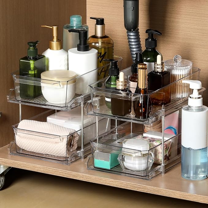 2 Tier Clear Organizer with Dividers for Cabinet, Shlef, Counter - MultiUse Slide-Out Storage Container - Kitchen, Pantry, Medicine Cupboard Bins, Bathroom, Vanity Makeup, Under Sink Organizing - Image 7