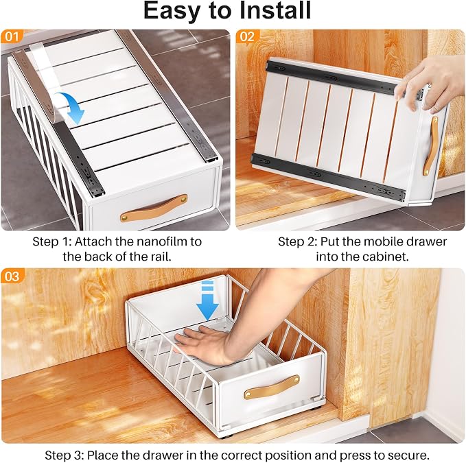 4Pack Pull out Cabinet Organizer,Heavy Duty Slide out Pantry Shelves Drawer Storage with Adhesive Nano Film,Sliding Mesh Basket with Handle for Kitchen, Bathroom, Home, 11.8W" X 15.7"D X 6.2"H,White - Image 8