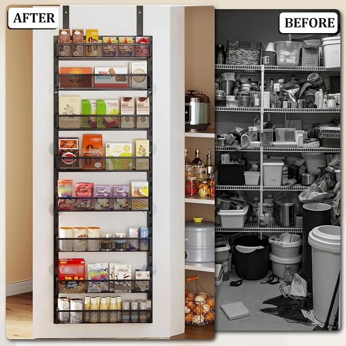 8-Tier Over the Door Pantry Organizer with Adjustable Baskets | Over the Door Spice Rack, Wall-Mounted or Hanging Shelves for Kitchen, Laundry Room, Bathroom(Black,16.65"W x 5.2"D x 72.6"H) - Image 7