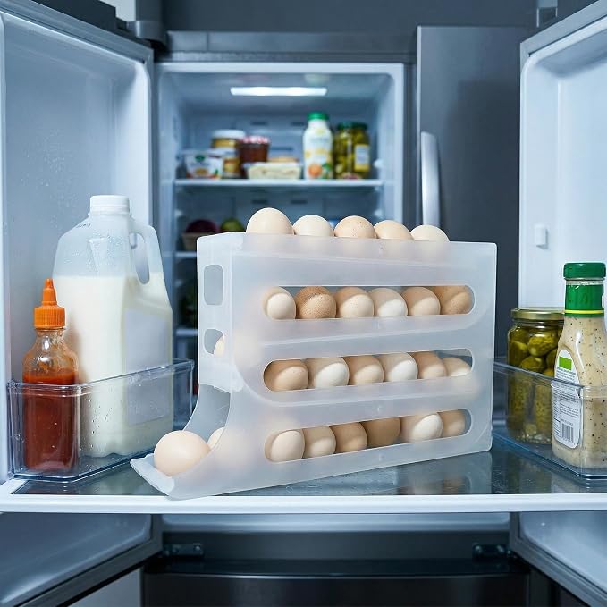 28 Egg Holder for Fridge, 4-Tier Auto Rolling Egg Organizer for Refrigerator, Gravity Slide Dispenser Rack, Space-Saving Storage (Tran) - Image 3