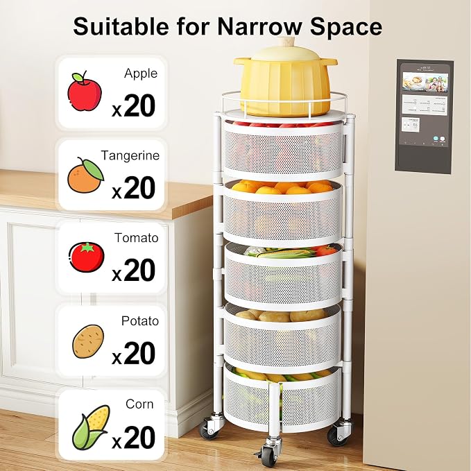 SAYZH 5 Tier Fruit Vegetable Basket Stand for Kitchen, Rotating, White | Rolling Storage Cart with top lid, Large Metal Wire Rack for Potato and Onion Storage - Image 4