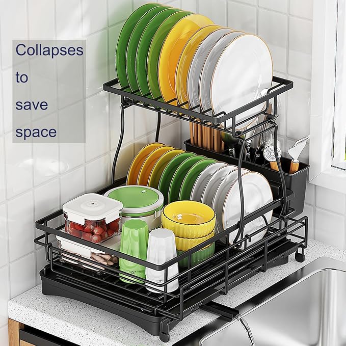 Expandable 2-Tier Dish Drying Rack Over the Sink, Large Capacity | Foldable rustproof coated metal; expands over sink; 2-tier large capacity for plates, bowls, glasses, pan and utensils. - Image 9