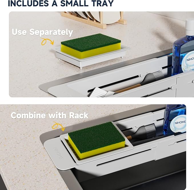 NiHome Extendable Kitchen Sink Caddy, Small Brush Sponge Storage Holder | Expandable Kitchen In Sink Organizer for Brush & Sponge with Drainage, Adjustable Length, Non-Slip Pads, Durable ABS (Gray) - Image 3
