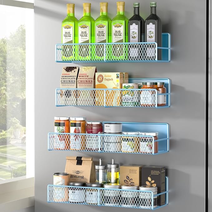 DTUQYX Magnetic Spice Rack for Refrigerator, 4 Pack 100% Metal Strong Magnet Fridge Shelves, Space Saving Spice Organizer, No Drilling Moveable Home Kitchen Laundry Room Storage Organization, Blue by DTUQYX