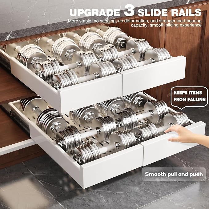Seinloes Pull Out Cabinet Organizer,4-Side Expandable to Maximize Cabinet Space,Slide Out Drawers with 3 Rail Design,Roll Out Shelf with Raising Pad for Framed Cabinet,13"-21"W x 17"-24"D,White,4 Pack - Image 3