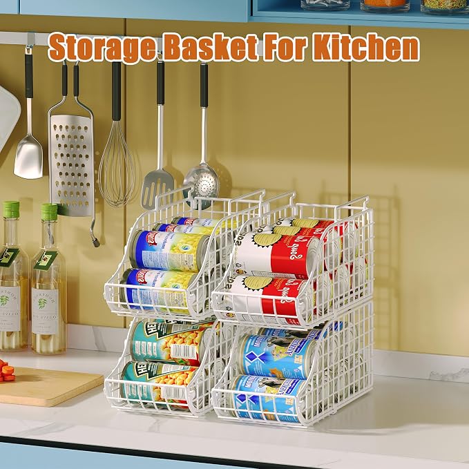 Sonyabecca 4-Pack Stackable Can Rack Organizer for Kitchen Pantry，White | Soda Can Organizer and Food Storage Dispenser for Pantry Cabinets. Foldable Wire Rack Keeps Canned Food Organized - Image 2