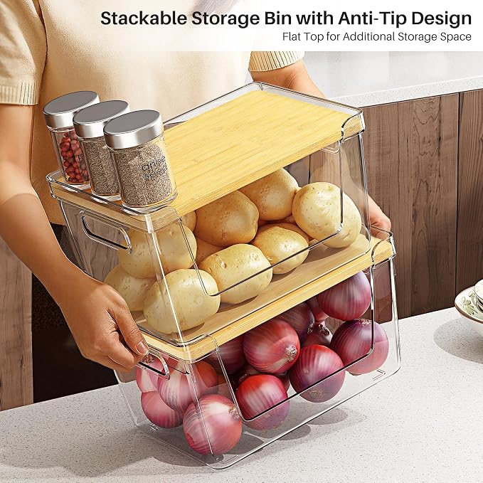 4 Set Pantry Organizer and Stackable Storage Kitchen,Sturdy and Durable Storage Basket for Potato, Onion, Garlic, Fruit, Vegetable, Produce, Clear Plastic Storage with Lid&Handle - Image 2