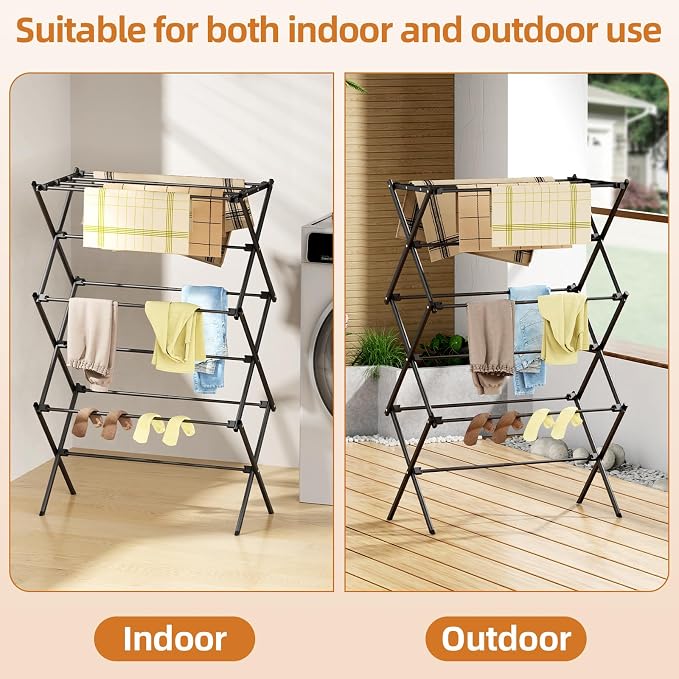 Drying Rack Clothing, 3-Tier Clothes Drying Rack Foldable, Antirust Laundry Drying Rack Collapsible Use for Indoor & Outdoor, 11.8" D x 34.6" W x 35.4" H, Black - Image 5