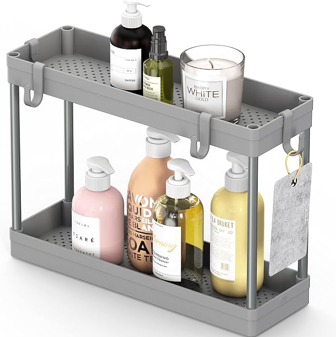Simple Houseware 2-Tier Under Sink Organizer Storage Tray with Hooks, Grey - Image 2