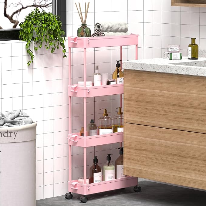 SPACEKEEPER Slim Rolling Storage Cart, 4 Tier Bathroom Cart Organizer, Pink | Narrow Rolling Cart with Wheels for Kitchen Office Bathroom Laundry Room,Mobile Utility Cart for Craft Art Makeup Nail Polish - Image 6