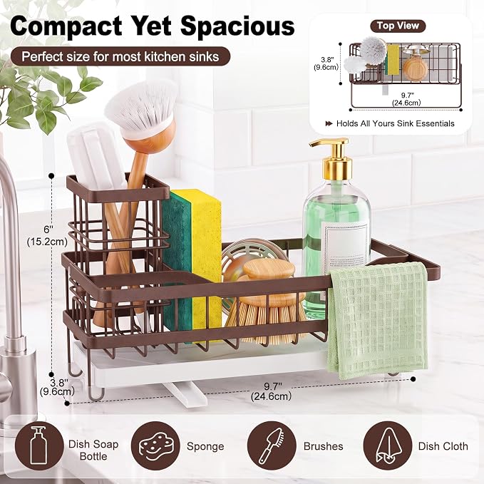 Sponge Holder for Kitchen Sink, Self-draining Sink Caddy with Towel Rack and Brush Holder, Metal Kitchen Countertop Organizers and Storage Essentials, Bronze - Image 2
