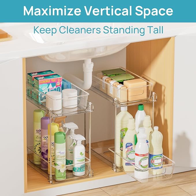 Vtopmart 2 Pack Taller Pull Out Bathroom Under Sink Organizer (S-Higher) | Slide-out drawers, Multi-purpose storage, Clear visibility, Easy Set-up - Image 5
