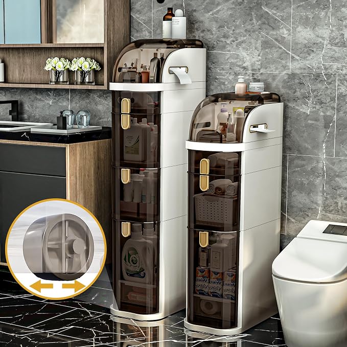 4-Tiers Slim Bathroom Storage Cabinet with Drawers & Tissue Box | Plastic Narrow Rolling Bathroom Tower Cart Waterproof & No Installation for Small Spaces Kitchen Laundry Living Room by IYINIYI