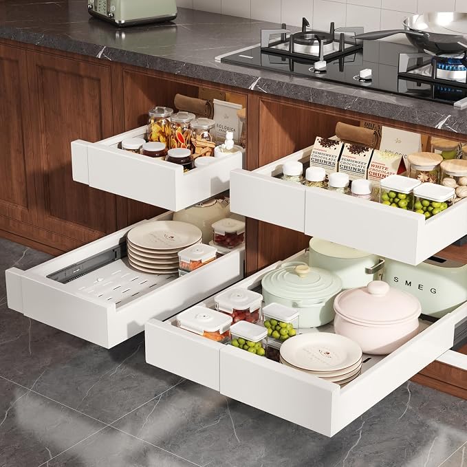 Seinloes Pull Out Cabinet Organizer,4-Side Expandable to Maximize Cabinet Space,Slide Out Drawers with 3 Rail Design,Roll Out Shelf with Raising Pad for Framed Cabinet,11"-16"W x 17"-24"D,White,2 Pack - Image 7