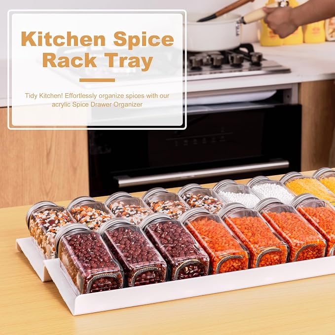 8-Pack Spice Drawer Organizer, 4 Tier Acrylic Spices Rack Tray for Cabinet | Expandable from 13" to 26", with Anti-Slip Mat, Kitchen Seasoning Storage Insert (Jars Not Included) - Image 7