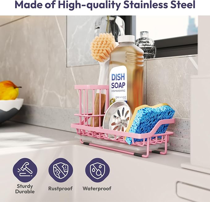 SWTYMIKI Sink Caddy Sponge Holder - Kitchen Sink Organizer with High Brush Holder for Countertop to Hold Dish Soaps and Sponges, Stainless Steel, Pink - Image 2