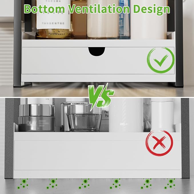 2-Tier Bathroom Counter Organizer, Wooden Vanity Shelf with Drawer & Basket | Pre-Drilled Holes, Skincare & Makeup Countertop Organizer and storage, White - Image 7