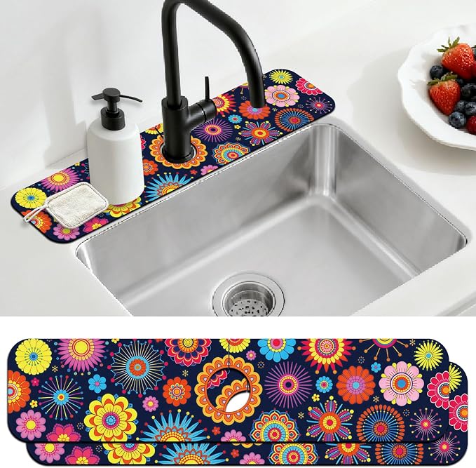 2 Pcs Kitchen Sink Splash Guard Faucet Mat Brilliant Floral Textures Faucet Mat for Sinks Flowers Pattern Absorbing Drying Mats for Kitchen Bathroom, 23.6x5.5inch by CONCHLERY%E6%97%97%E8%88%B0%E5%BA%97