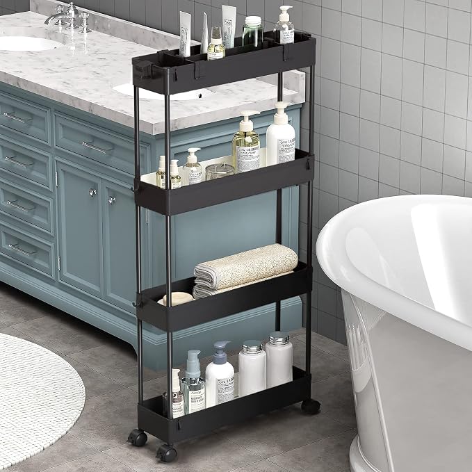 Slim Storage Cart 4 Tier,Bathroom Organizer Rolling Utility,Mobile Shelving Unit Slide Out for Office, Kitchen, Laundry Room & Narrow Places,Black by Home