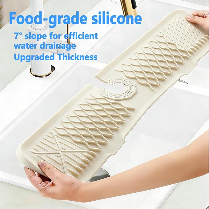 24 Inch Silicone Faucet Mat for Kitchen Sink, 7° Slope Fast Self-Draining Sink Splash Guard, Kitchen Sink Water Catcher Organizer, Kitchen Sink Accessories (off-white, 24''x5.6'') - Image 5